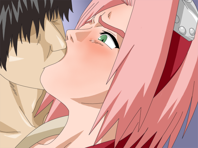 blush, forehead_protector, game_cg, green_eyes, haruno_sakura, kiss, maten, naruto, pink_hair, solo