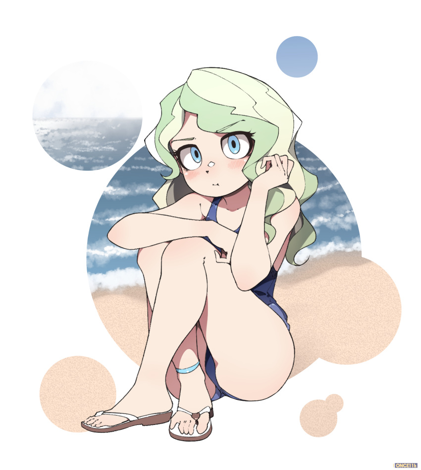 1girl, beach, blue_eyes, blue_swimsuit, closed_mouth, crossed_legs, diana_cavendish, hand_up