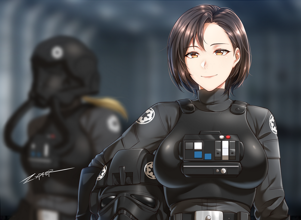 2girls, artist_name, belt, blurry, breasts, breathing_tube, brown_eyes, brown_hair