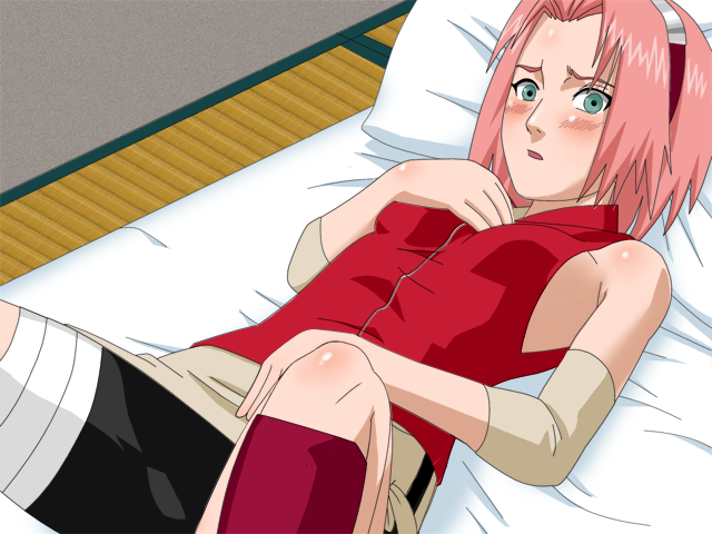 bed, blush, forehead_protector, game_cg, green_eyes, haruno_sakura, lying, maten, naruto, on_back, pillow, pink_hair