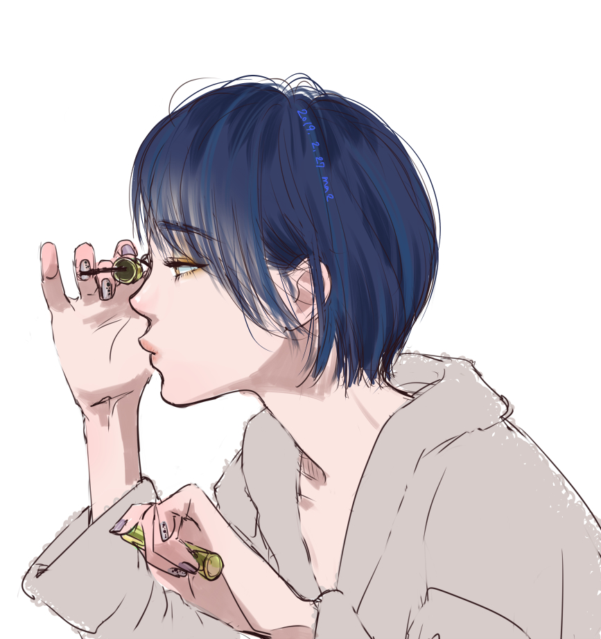 1girl, applying_makeup, blue_hair, commentary_request, cosmetics, eyeshadow, hair_behind_ear, ma2