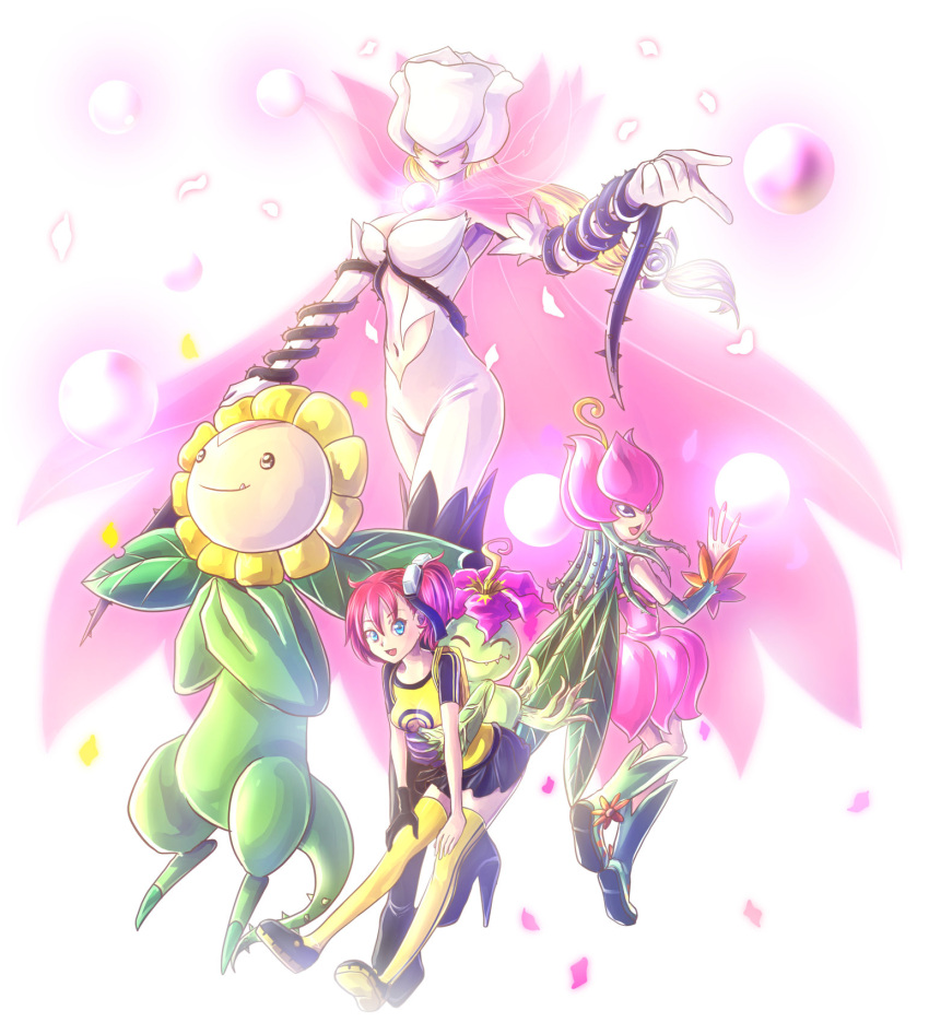 3girls, :d, ^_^, aiba_ami, black_footwear, black_gloves, black_skirt, blonde_hair, blue_eyes, boots, breasts, brooch, bubble, cape, center_opening, closed_eyes, closed_mouth, clothing_cutout, commentary, covered_eyes, detached_sleeves, digimon, digimon_(creature), digimon_story:_cyber_sleuth, dress, evolutionary_line, falling_petals, fang, fang_out, fangs, fangs_out, flower, full_body, gloves, goggles, goggles_on_head, green_footwear, green_sleeves, hair_between_eyes, hair_flower, hair_ornament, happy, high_heel_boots, high_heels, highres, hug, hug_from_behind, jewelry, konna-nani, large_breasts, leaf, leaf_wings, lillymon, lipstick, long_hair, looking_at_viewer, makeup, medium_breasts, miniskirt, monster_girl, multiple_girls, navel, navel_cutout, open_mouth, palmon, parted_lips, petals, pink_cape, pink_dress, plant_girl, print_shirt, raglan_sleeves, redhead, rose, rosemon, rosemon_burst_mode, shirt, shoes, short_sleeves, side_ponytail, single_glove, skirt, smile, sunflowmon, thigh-highs, thigh_boots, thorns, whip, white_background, white_flower, white_gloves, white_rose, wings, yellow_footwear, yellow_shirt