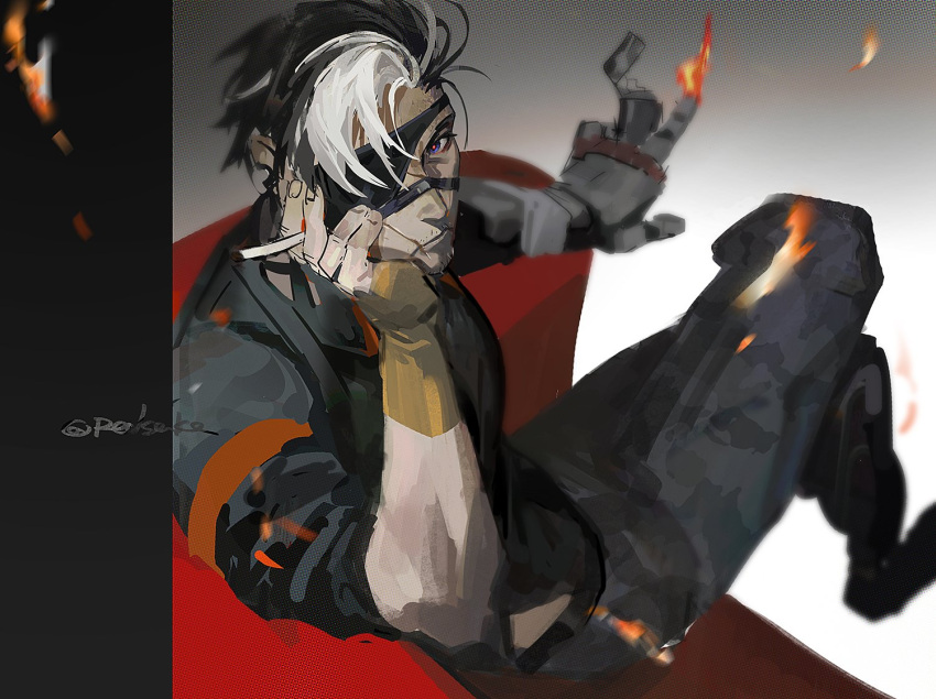1boy, arm_support, black_hair, cigarette, crossed_legs, eyepatch, fingerless_gloves, fire, flame, girls'_frontline_neural_cloud, girls_frontline, gloves, holding, holding_cigarette, lighter, looking_at_viewer, male_focus, mechanical_arms, pants, python_(girls'_frontline_nc), redsakaone, scar, scar_on_face, short_hair, short_sleeves, single_mechanical_arm, sitting, solo, white_hair