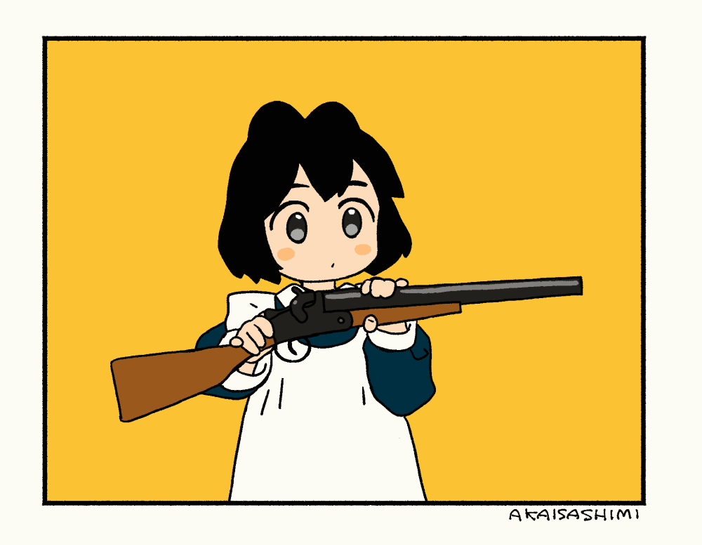 1girl, :/, ^_^, akai_sashimi, animal_ears, animated, animated_gif, apron, arm_up, black_hair, blinking, blush_stickers, border, break_action, cat_ears, closed_eyes, closed_mouth, expressionless, facing_viewer, grey_eyes, gun, hands_up, holding, holding_gun, holding_weapon, jumping, long_sleeves, looking_down, looking_up, looping_animation, maid, maid_apron, monster, no_nose, no_pupils, open_hand, original, short_hair, shotgun, signature, sleeve_cuffs, standing, tareme, tentacles, upper_body, weapon, what, white_apron, white_border, wing_collar, yellow_background