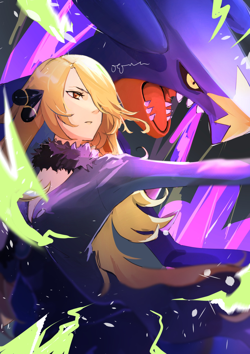 1girl, absurdres, blonde_hair, blurry, coat, commentary_request, cynthia_(pokemon), energy, eyelashes, fur_collar, garchomp, hair_ornament, hair_over_one_eye, highres, long_hair, looking_to_the_side, ogura_aoi, orange_eyes, outstretched_arm, parted_lips, pokemon, pokemon_(creature), pokemon_(game), pokemon_dppt