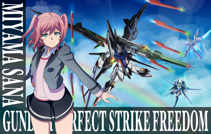 1girl, bangs, black_skirt, blazer, character_request, energy_lance, fake_screenshot, flying