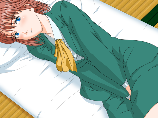 anezaki_mamori, bed, blue_eyes, blush, brown_hair, eyeshield_21, from_above, game_cg