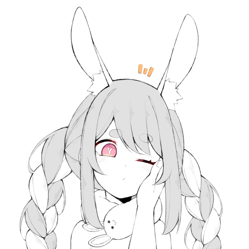 1girl, animal_ears, braid, bunny-shaped_pupils, commentary, don-chan_(usada_pekora), dot_mouth, english_commentary