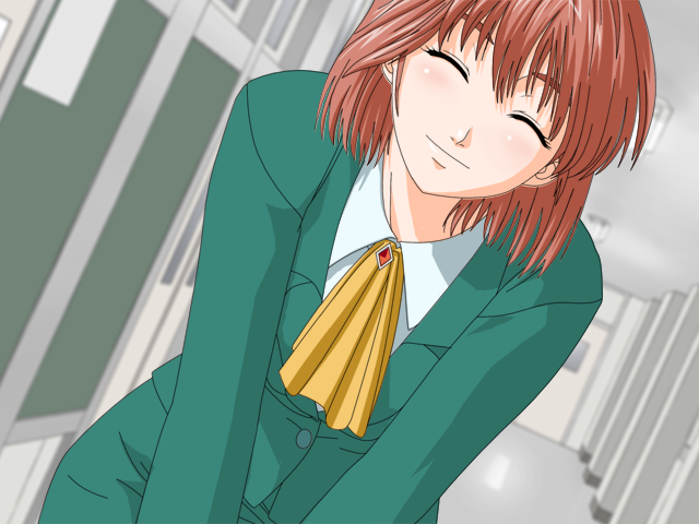 anezaki_mamori, blush, brown_hair, closed_eyes, eyeshield_21, game_cg, leaning_forward, maten