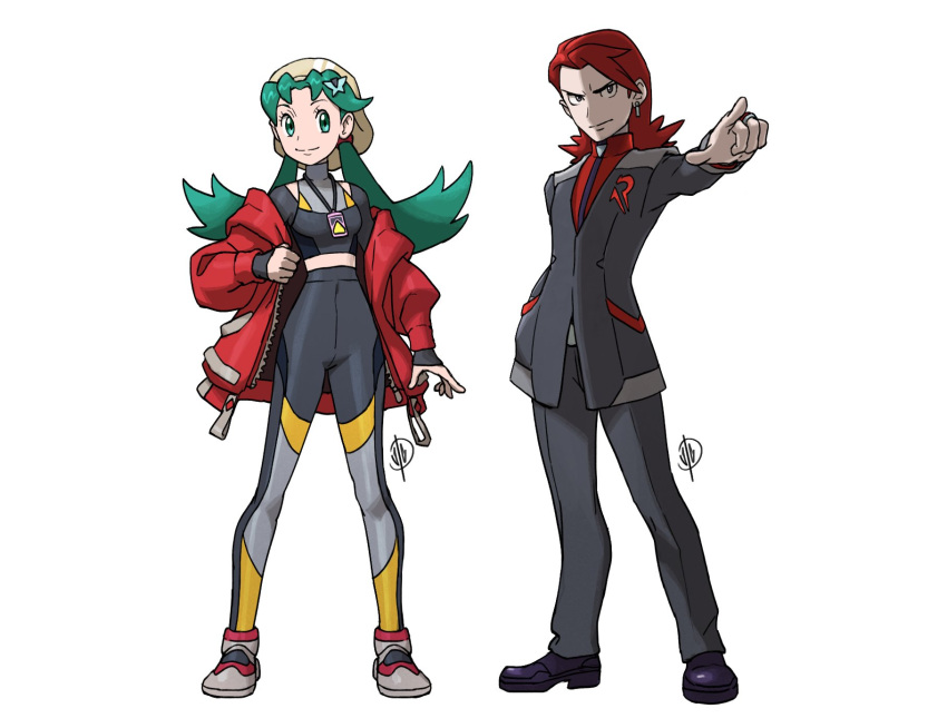 1boy, 1girl, bangs, black_footwear, black_jacket, black_pants, black_shirt, closed_mouth, commentary, earrings, english_commentary, eyelashes, full_body, green_eyes, green_hair, grey_background, hat, highres, jacket, jaeon009, jewelry, kris_(pokemon), leggings, logo, long_hair, pants, parted_bangs, pointing, pokemon, pokemon_(game), pokemon_gsc, red_shirt, redhead, shirt, shoes, silver_(pokemon), simple_background, smile, standing, zipper