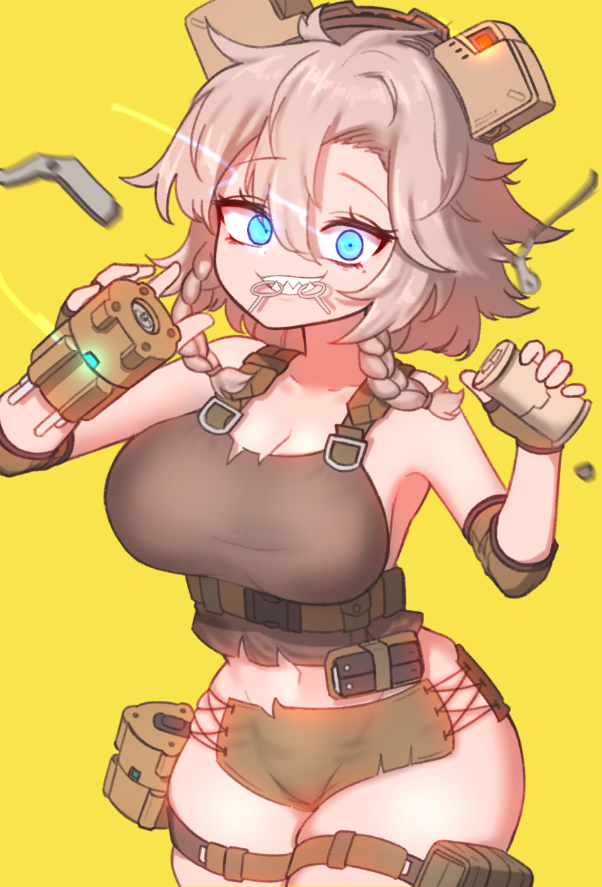 1girl, blonde_hair, braid, breasts, explosive, grenade, grenade_pin, grin