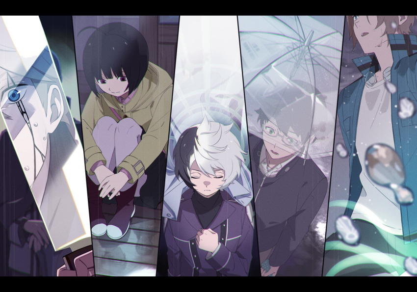 1girl, 5boys, ahoge, amatori_chika, black_hair, black_jacket, black_pants, black_shirt