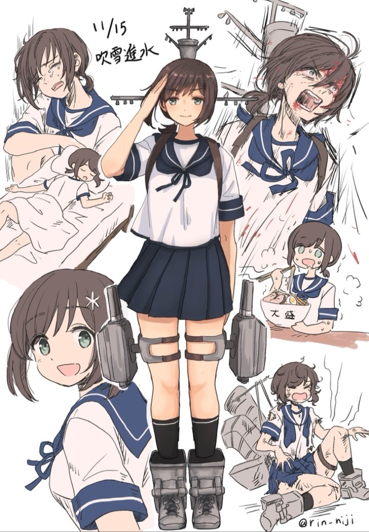 1girl, bangs, black_legwear, blood, blood_on_face, blue_sailor_collar, blue_skirt, bowl