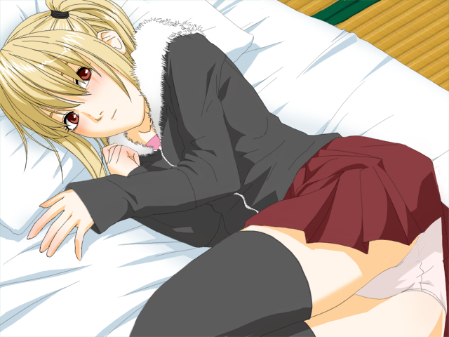 amane_misa, bed, black_thighhighs, blonde_hair, blush, brown_eyes, death_note, game_cg