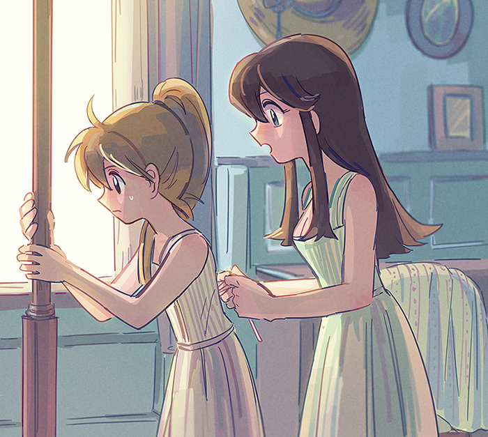 2girls, bangs, bare_arms, blonde_hair, brown_hair, closed_mouth, commentary_request, dress