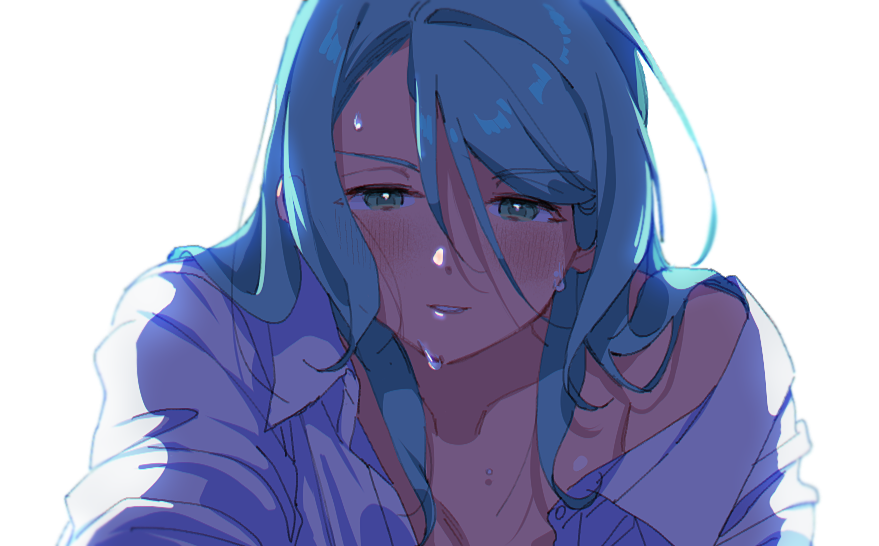 1girl, bandolllll, bang_dream!, blue_hair, blush, commentary_request, eyebrows_visible_through_hair, green_eyes
