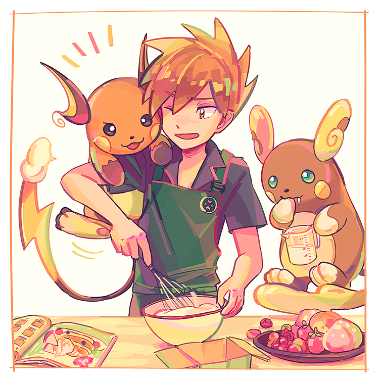 1boy, alolan_raichu, apron, bangs, berry, blue_oak, book, collared_shirt