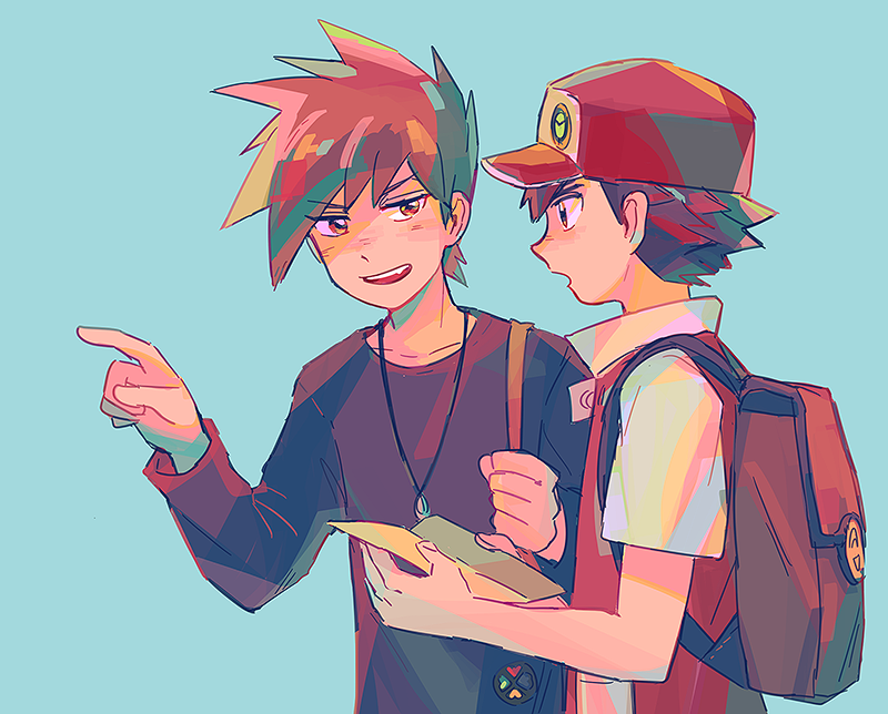 2boys, backpack, bag, bangs, baseball_cap, blue_background, blue_oak, brown_bag