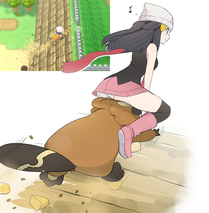 1girl, bare_arms, beanie, bibarel, black_hair, black_legwear, black_shirt, boots