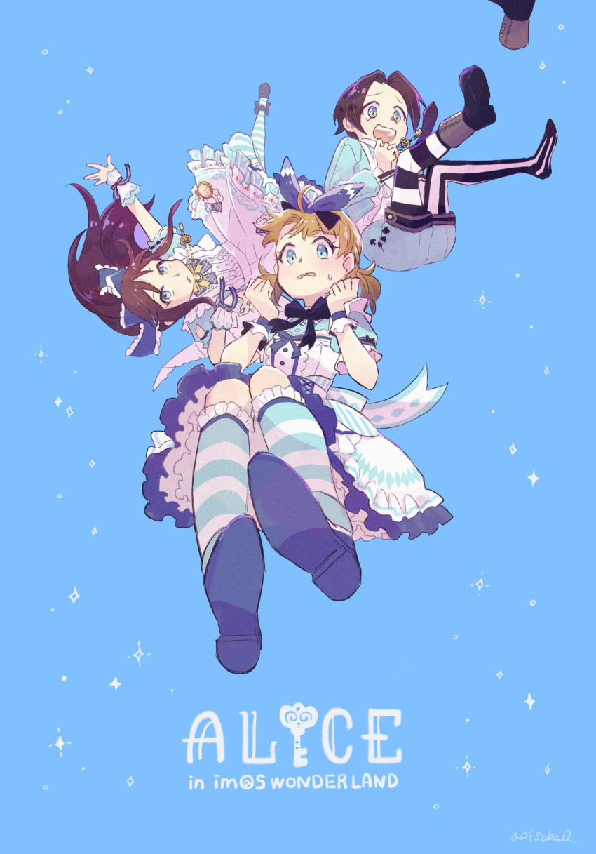 1boy, 2girls, alice_(alice_in_wonderland), alice_(alice_in_wonderland)_(cosplay), alice_in_wonderland, asymmetrical_legwear, bow, cosplay, dress, falling, floating_hair, folded_leg, frilled_dress, frills, hair_bow, highres, idolmaster, idolmaster_cinderella_girls, idolmaster_million_live!, idolmaster_side-m, layered_dress, multiple_girls, okamura_nao, pinafore_dress, sabao_(kinotani13), shoes, shoes_removed, simple_background, sparkle_print, striped, suou_momoko, sweatdrop, tachibana_arisu, tears, twintails, two-tone_background, wrist_cuffs