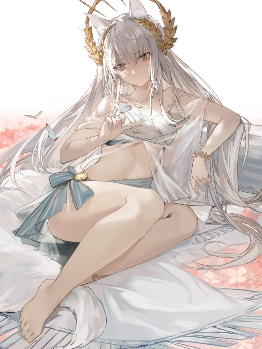 1girl, absurdres, animal_ears, arknights, bangs, bare_shoulders, bug, butterfly