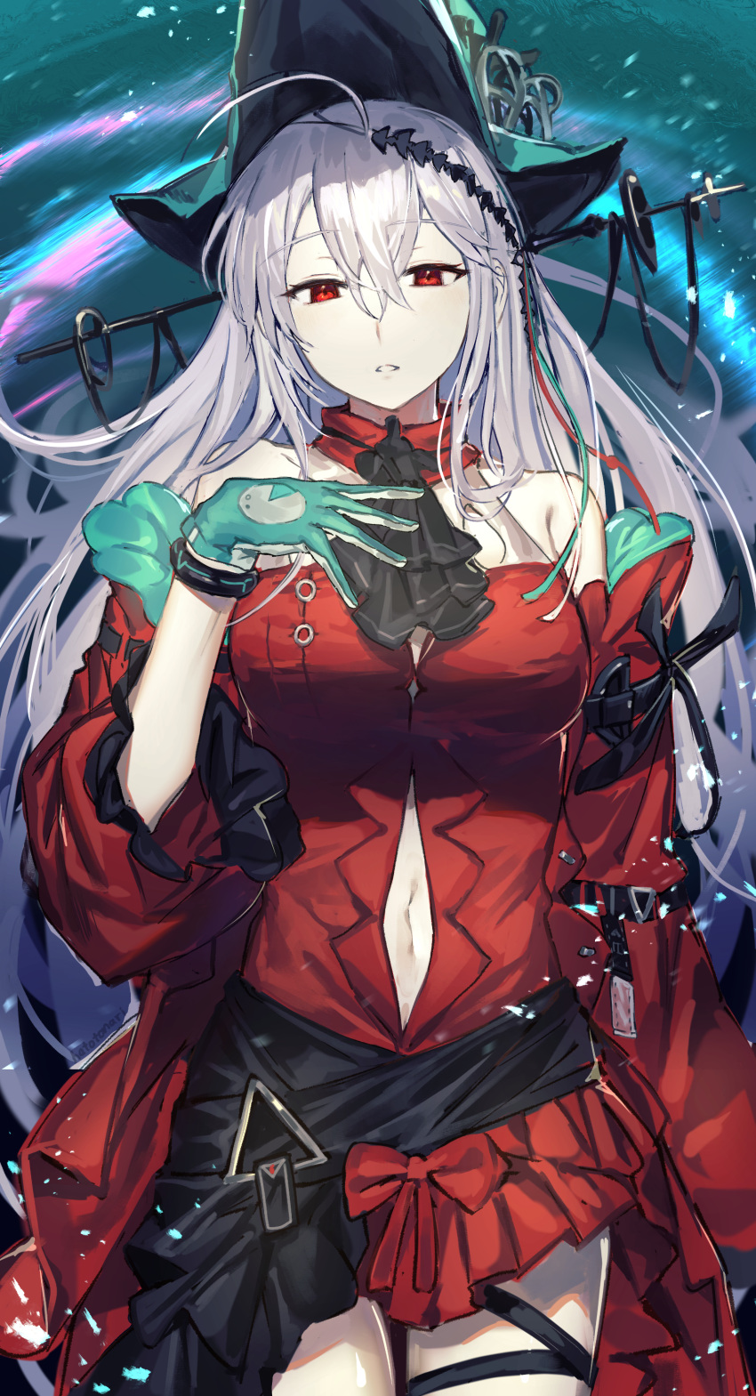 1girl, absurdres, ahoge, aqua_gloves, aqua_headwear, arknights, arm_up, armpit_crease, ascot, aura, bare_shoulders, black_neckwear, breasts, clothing_cutout, collarbone, commentary_request, cowboy_shot, detached_sleeves, dress, expressionless, eyebrows_visible_through_hair, feet_out_of_frame, frilled_sleeves, frills, gloves, hair_between_eyes, hair_ornament, hand_on_own_chest, hatotonaru, highres, long_hair, long_sleeves, looking_at_viewer, medium_breasts, navel_cutout, official_alternate_costume, open_mouth, parted_lips, red_dress, red_eyes, shiny, shiny_hair, skadi_(arknights), skadi_the_corrupting_heart_(arknights), solo, staff, standing, thigh_strap, very_long_hair, wide_sleeves
