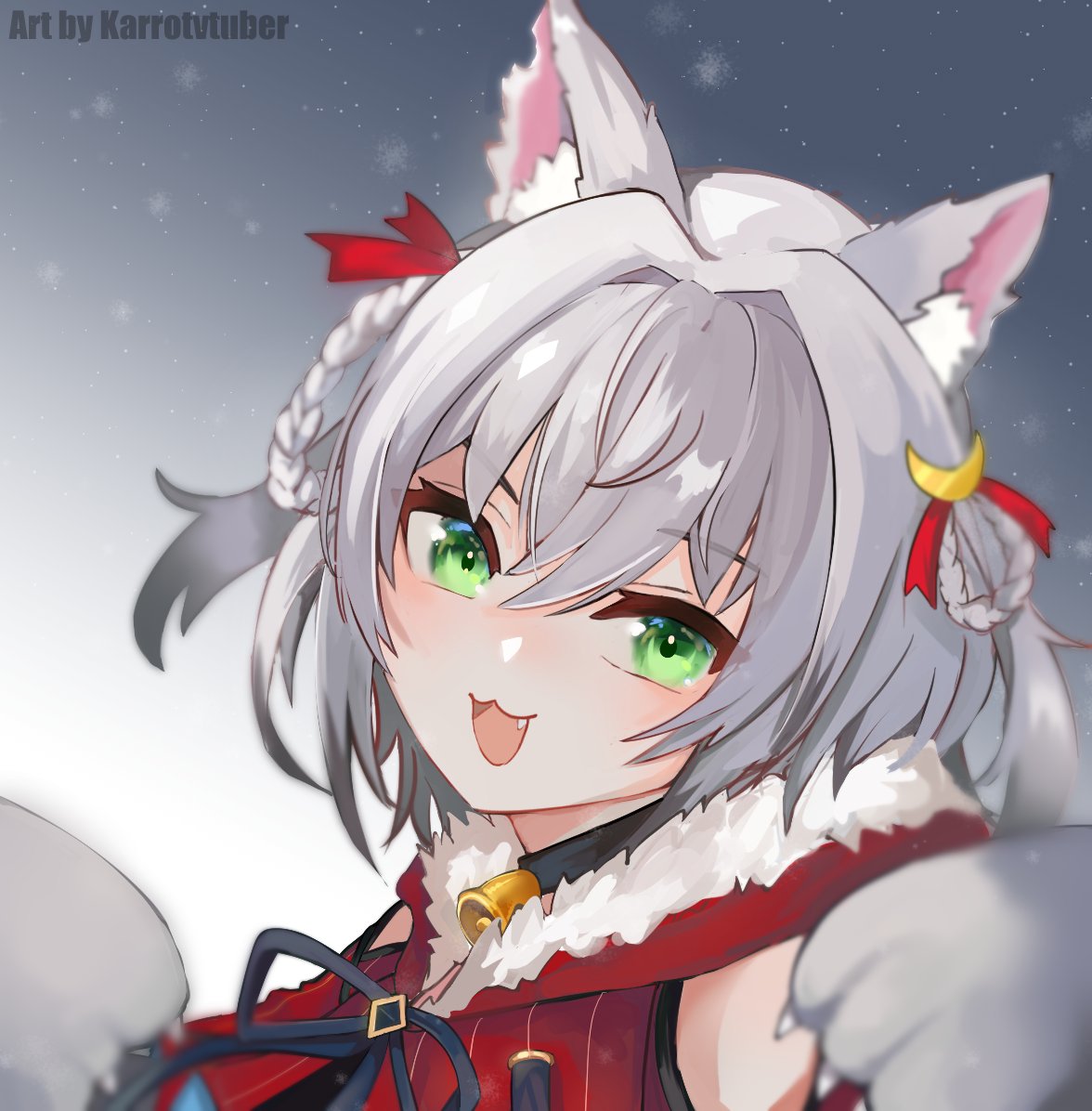 1girl, :3, animal_ears, animal_hands, bell, choker, detached_sleeves, fang, fur_trim, gloves, green_eyes, hair_over_one_eye, hair_ribbon, kamizuki_naki, karrotvtuber, looped_braids, medium_hair, neck_bell, notched_ear, paw_gloves, prism_project, ribbon, silver_hair, solo, virtual_youtuber, wolf_ears, wolf_girl