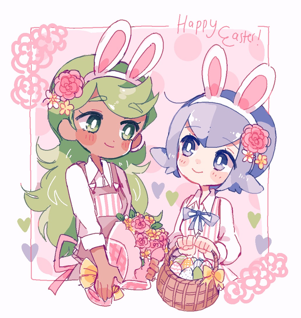 2girls, animal_ears, apron, bangs, basket, blue_eyes, blue_hair, blue_ribbon