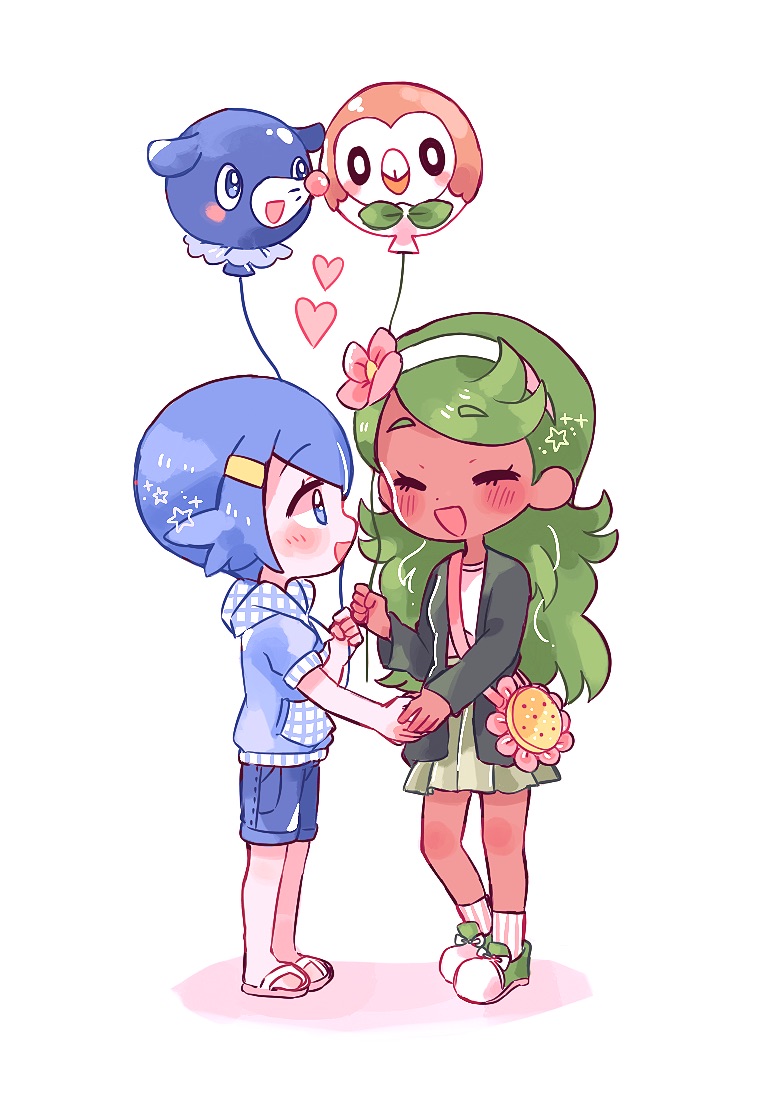 2girls, :d, bag, balloon, blue_eyes, blue_hair, blue_hoodie, blue_shorts
