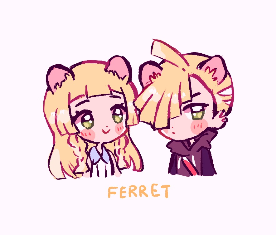 1boy, 1girl, ahoge, animal_ears, bangs, blonde_hair, blush_stickers, braid, brother_and_sister, catsubun_(kkst0904), closed_mouth, collared_dress, commentary, dress, ear_piercing, eyelashes, ferret_ears, gladion_(pokemon), green_eyes, hood, hood_down, hoodie, lillie_(pokemon), long_hair, looking_at_another, looking_at_viewer, piercing, pokemon, pokemon_(anime), pokemon_sm_(anime), short_hair, siblings, simple_background, sleeveless, sleeveless_dress, smile, twin_braids, upper_body, white_background, white_dress