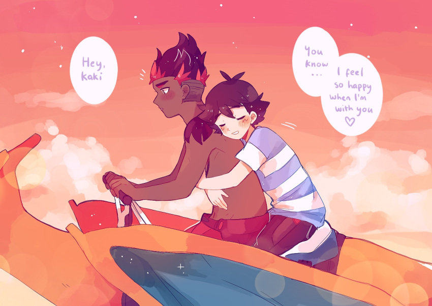 2boys, above_clouds, ash_ketchum, bangs, blush, brown_hair, catsubun_(kkst0904), charizard
