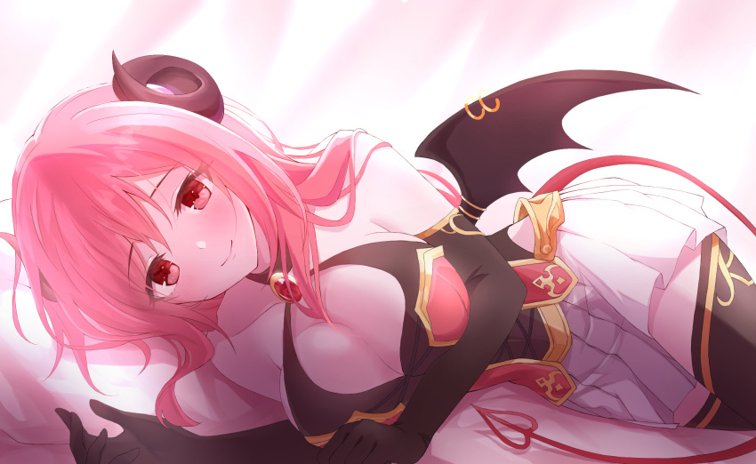 1girl, bare_shoulders, blush, breasts, brooch, choker, curled_horns, demon_tail