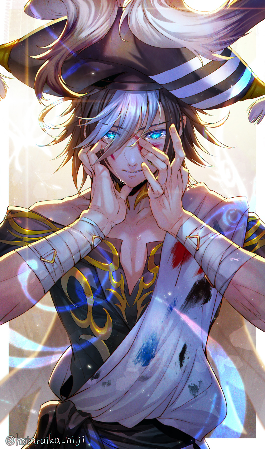 1boy, absurdres, baalzephon_(megido72), bandaged_arm, bandages, black_hair, black_headwear, blood