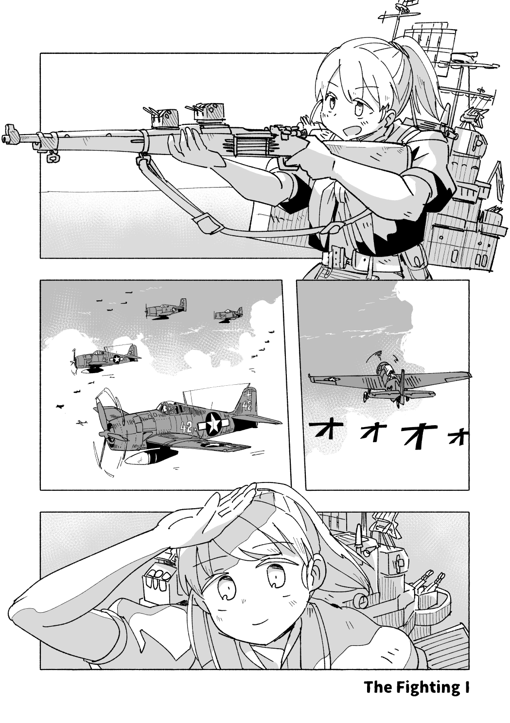 1girl, aircraft, breasts, clouds, drop_tank, f6f_hellcat, firing, greyscale