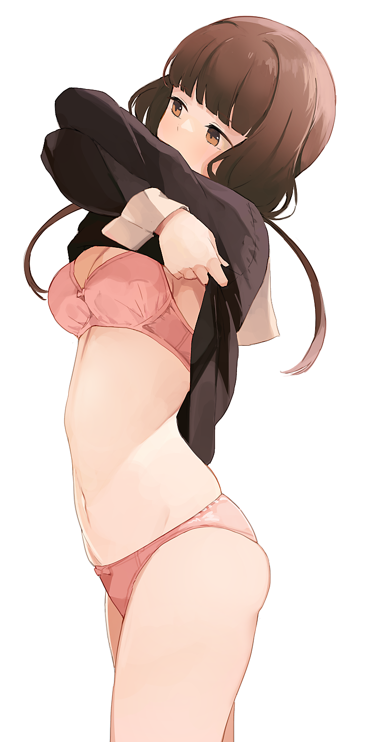 1girl, arched_back, bangs, black_dress, blunt_bangs, bra, breasts, brown_eyes