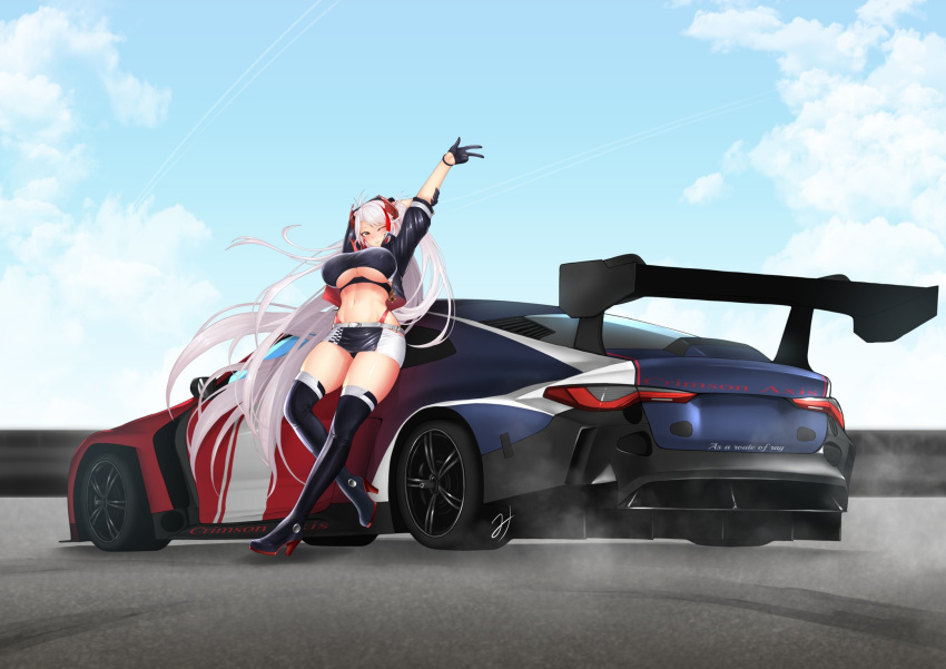 1girl, antenna_hair, arms_up, azur_lane, bangs, belt, black_footwear, black_gloves