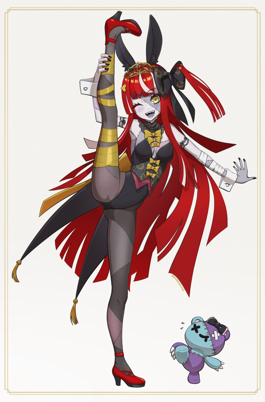 1girl, alternate_costume, animal_ear_fluff, animal_ears, bandaged_arm, bandaged_leg, bandages, bangs