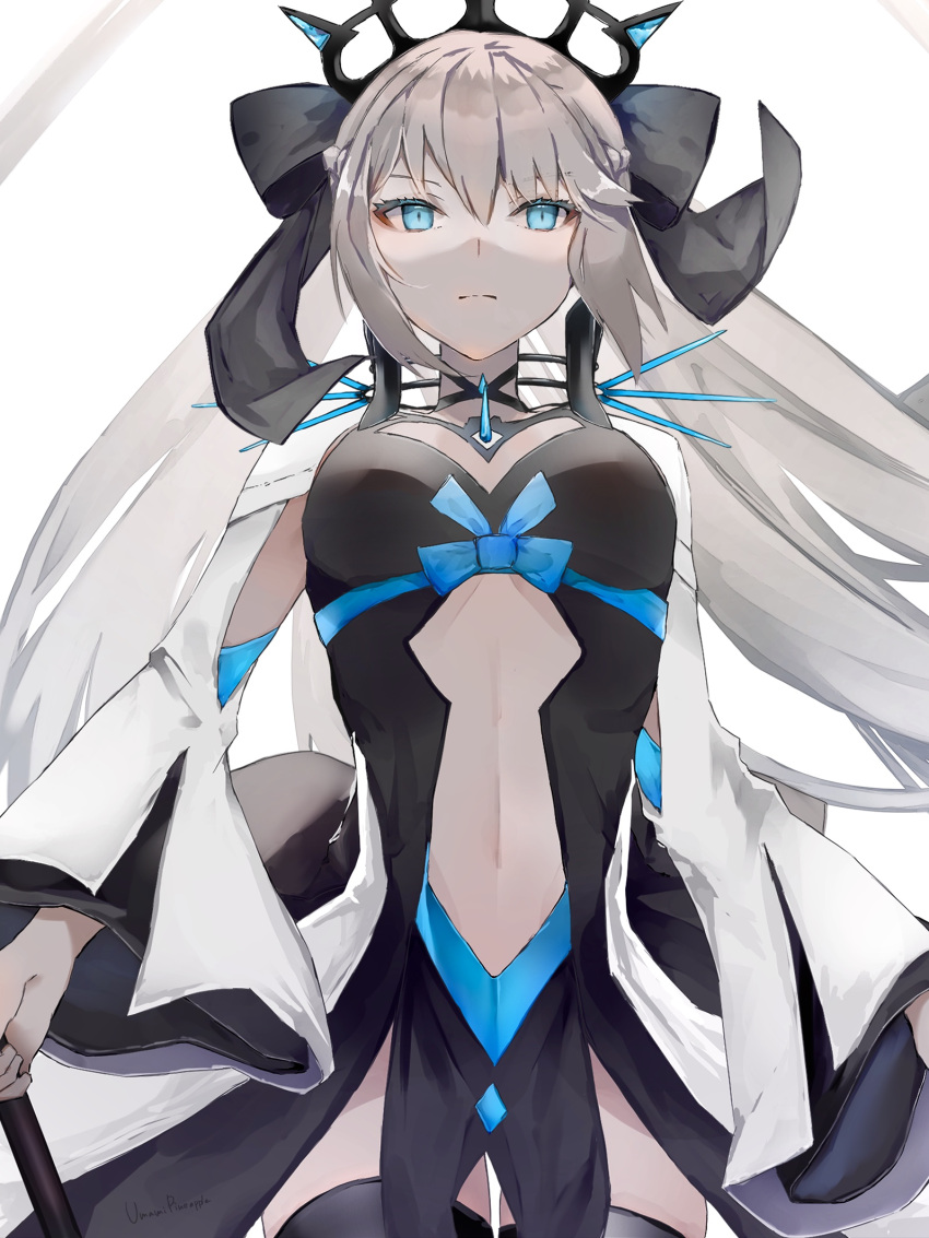 1girl, arms_at_sides, black_ribbon, blue_eyes, braid, breasts, breasts_apart, crown