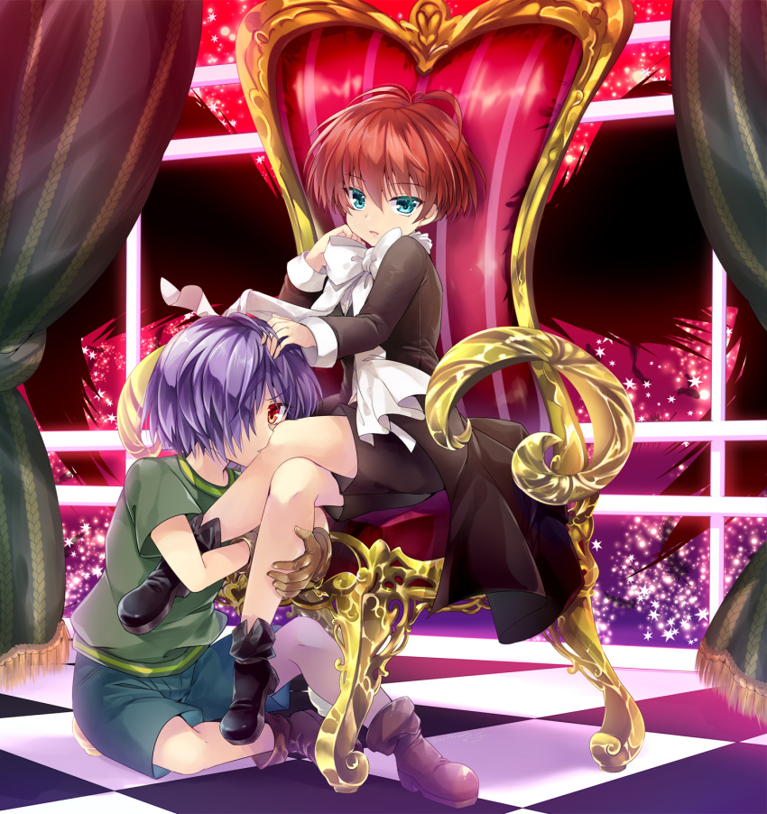 2boys, aoinunu_(kamutomushi), blue_eyes, boots, bow, brown_gloves, brown_hair, chair