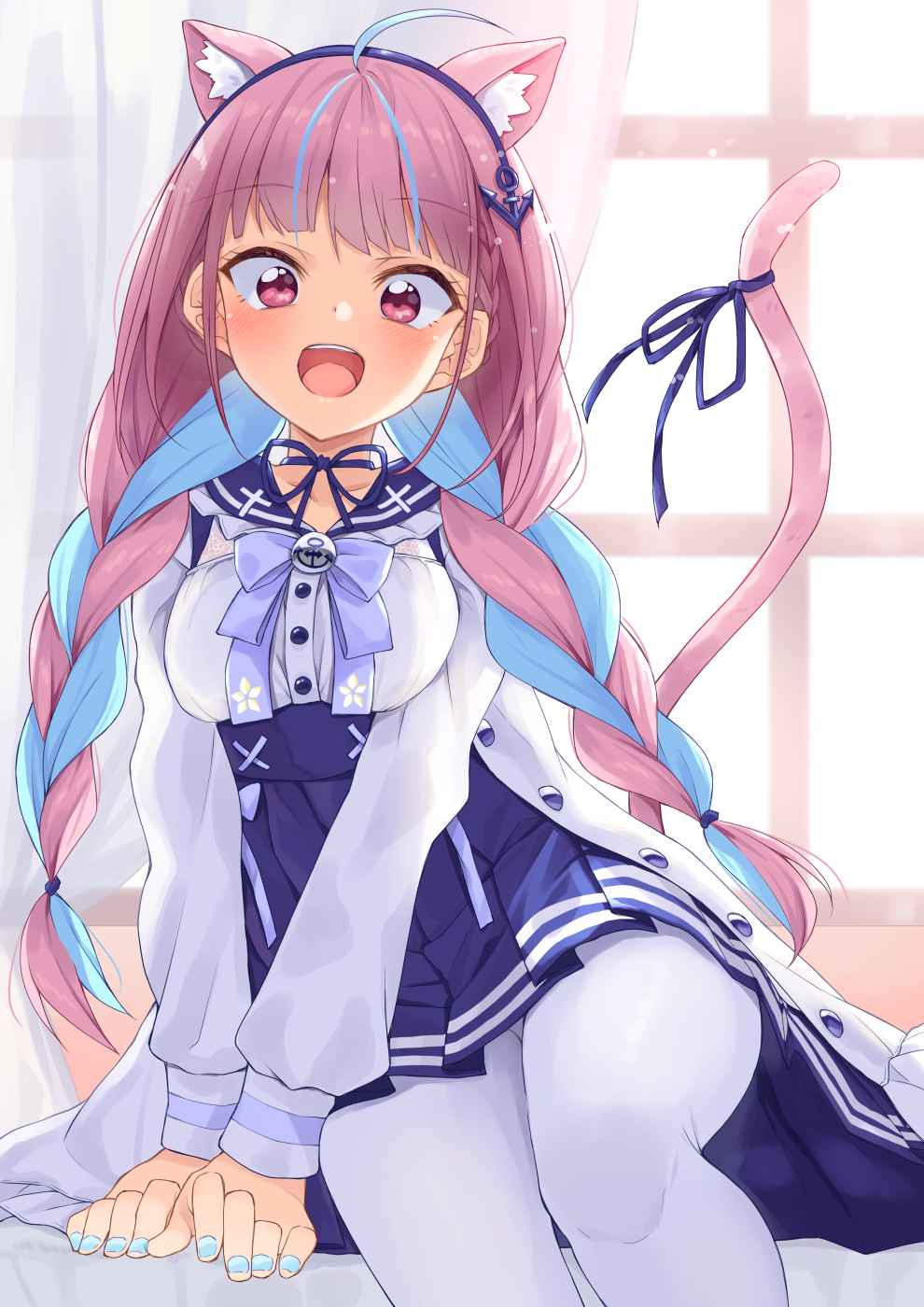 1girl, :d, ahoge, anchor_hair_ornament, animal_ear_fluff, animal_ears, bangs, black_nails