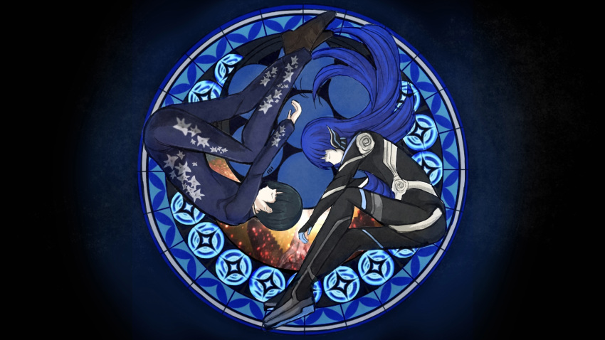 androgynous, armor, bangs, black_hair, bodysuit, bowl_cut, dual_persona, eyelashes, highres, kingdom_hearts, long_hair, male_focus, n2w_ej, protagonist_(smtv), purple_hair, school_uniform, shin_megami_tensei, shin_megami_tensei_v, short_hair, simple_background, sleeping, very_long_hair