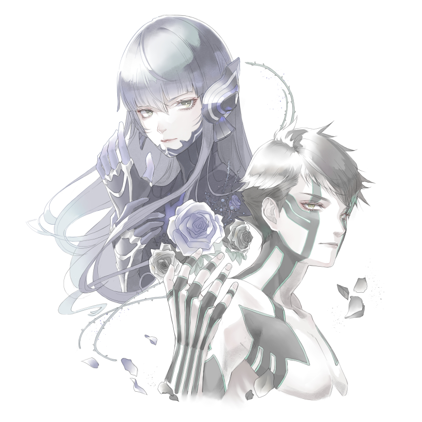 2boys, androgynous, armor, bangs, black_hair, bodysuit, brown_hair, crossover, eyelashes, flower, full-body_tattoo, hitoshura, long_hair, looking_at_viewer, male_focus, multiple_boys, protagonist_(smtv), purple_hair, ryokuyuu, shin_megami_tensei, shin_megami_tensei_iii:_nocturne, shin_megami_tensei_v, short_hair, simple_background, tattoo, topless_male, very_long_hair, yellow_eyes
