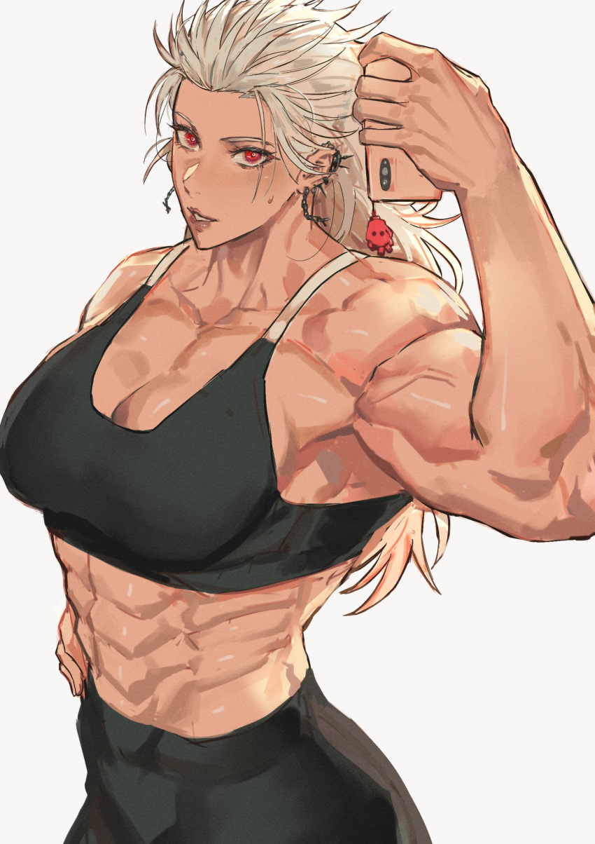 1girl, abs, breasts, cellphone, dorohedoro, earrings, highres, jewelry