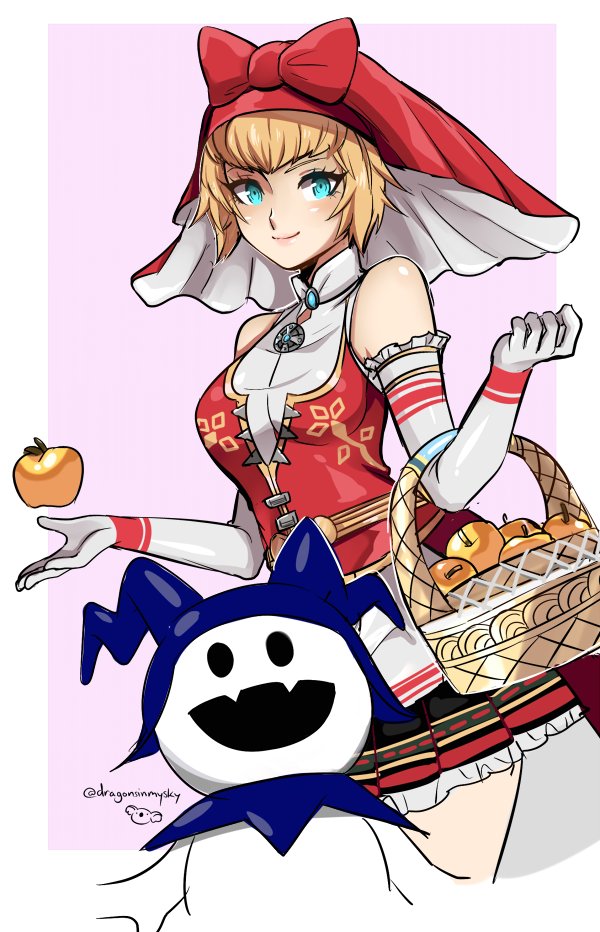 1girl, apple, apron, bare_shoulders, basket, blonde_hair, blue_eyes, blush