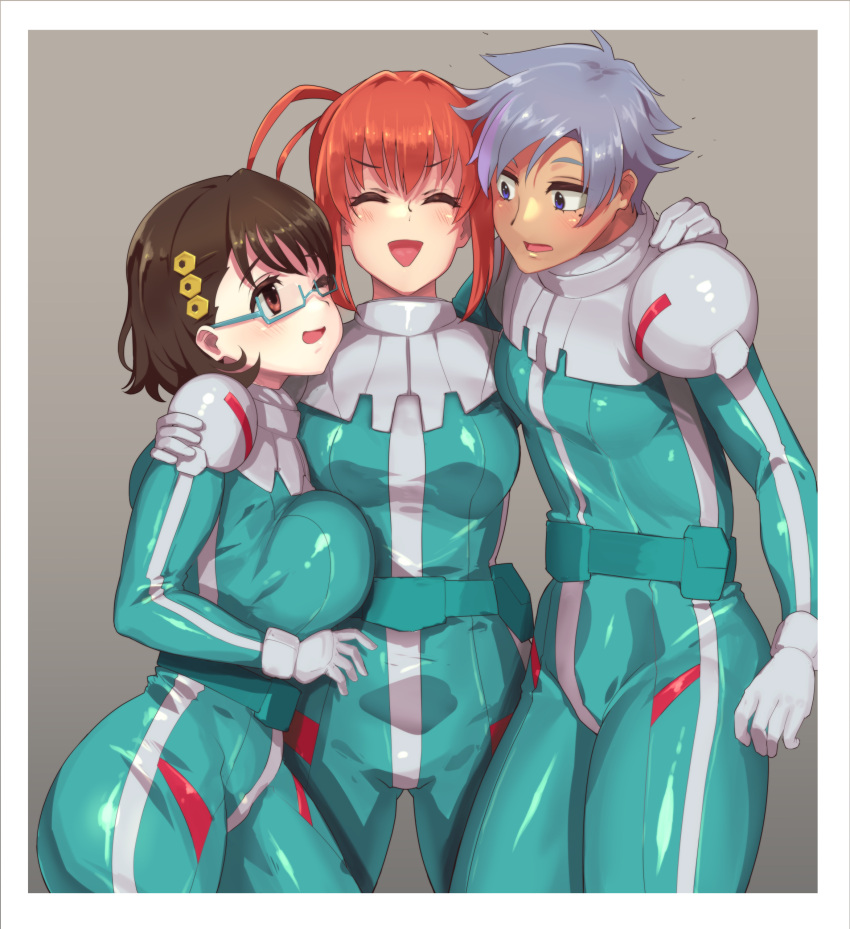 3girls, absurdres, alma_stirner, amorphous, breasts, brown_eyes, brown_hair, closed_eyes, dark-skinned_female, dark_skin, glasses, gundam, gundam_battle_operation, gundam_battle_operation_code_fairy, hair_decorations, helena_hegel, highres, multiple_girls, open_mouth, orange_hair, pilot_suit, ponytail, short_hair, silver_hair, skin_tight, zeon