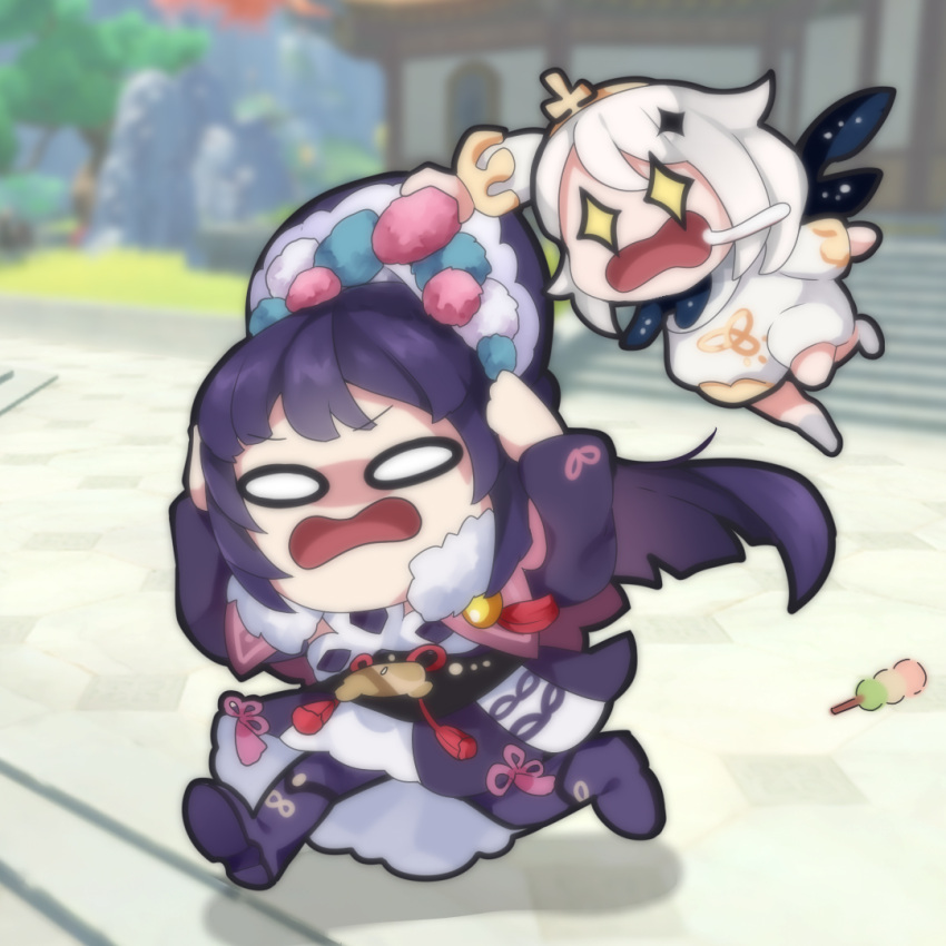 2girls, bangs, black_hair, blunt_bangs, chasing, chibi, clothes_lift, commentary