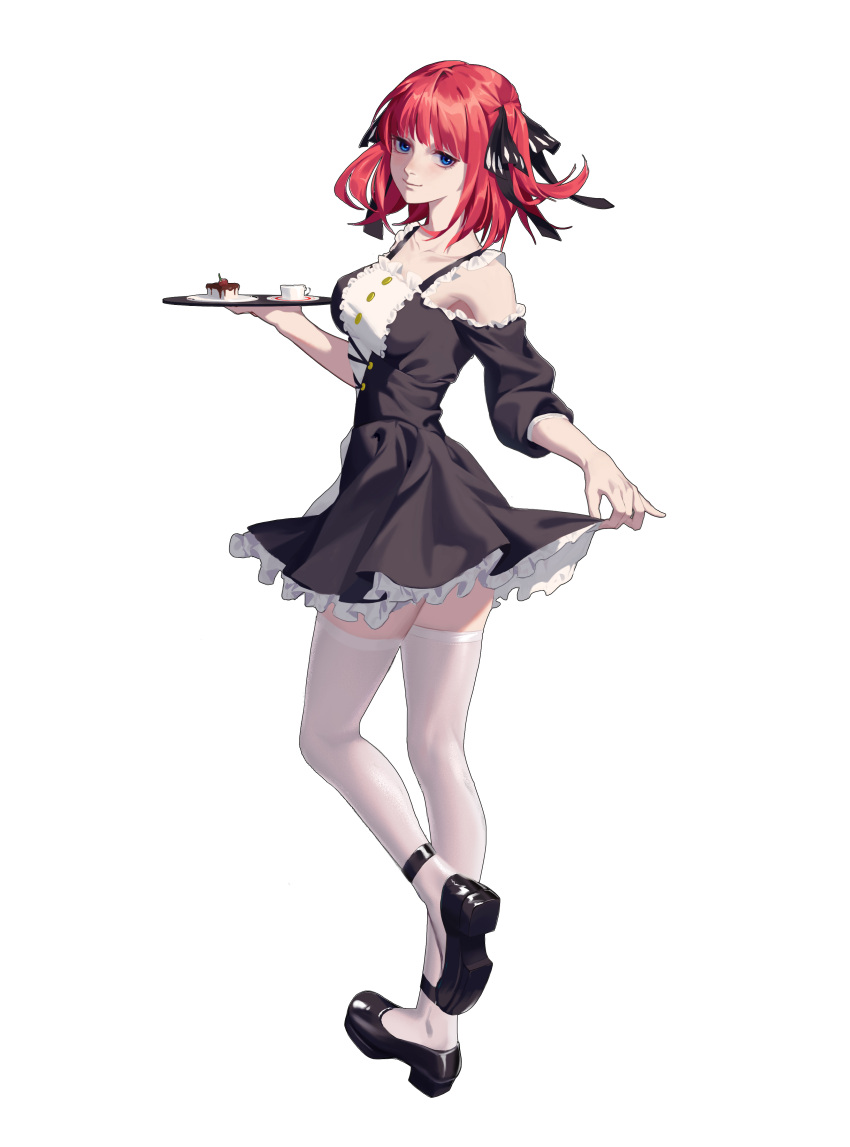 1girl, absurdres, armpits, bangs, black_dress, black_footwear, black_ribbon, blue_eyes