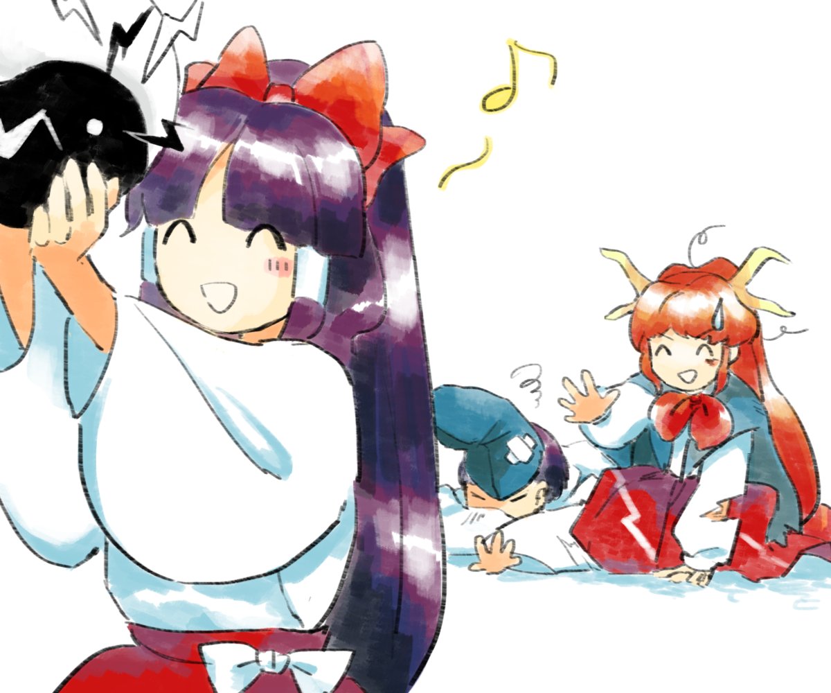 1boy, 2girls, blue_headwear, blush, bow, bowtie, closed_eyes, crossed_bandaids, hakama, hakama_skirt, hakurei_reimu, hakurei_reimu_(pc-98), hat, horns, japanese_clothes, kaigen_1025, kimono, long_hair, miko, multiple_girls, orb, purple_hair, red_bow, red_bowtie, red_hakama, red_skirt, redhead, shingyoku_(male), shingyoku_(touhou), simple_background, skirt, sweatdrop, tate_eboshi, touhou, touhou_(pc-98), white_background, white_kimono, wide_sleeves, yin_yang, yin_yang_orb