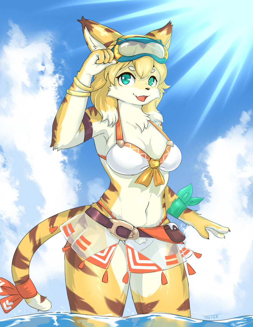 1girl, :3, absurdres, adjusting_eyewear, animal_ears, animal_nose, arm_ribbon, arm_strap, artist_name, bangle, bangs, belt, belt_pouch, bikini, bikini_skirt, blonde_hair, blue-framed_eyewear, blue_sky, body_fur, bracelet, breasts, brown_fur, brown_hair, claws, clouds, commentary, cowboy_shot, day, english_commentary, eyewear_on_head, fang, front-tie_bikini, front-tie_top, furry, furry_female, goggles, green_eyes, green_ribbon, hand_up, happy, highres, jewelry, large_breasts, light_rays, looking_at_viewer, medium_hair, mia_(world_flipper), navel, official_alternate_costume, open_mouth, outdoors, partially_submerged, pouch, red_ribbon, ribbon, see-through, sidelocks, signature, skin_fang, skindentation, sky, smile, snout, solo, standing, stomach, sunlight, swimsuit, tail, tail_ornament, tail_ribbon, tiger_ears, tiger_girl, tiger_tail, treyer, wading, water, white_bikini, white_fur, white_hair, world_flipper, yellow_fur