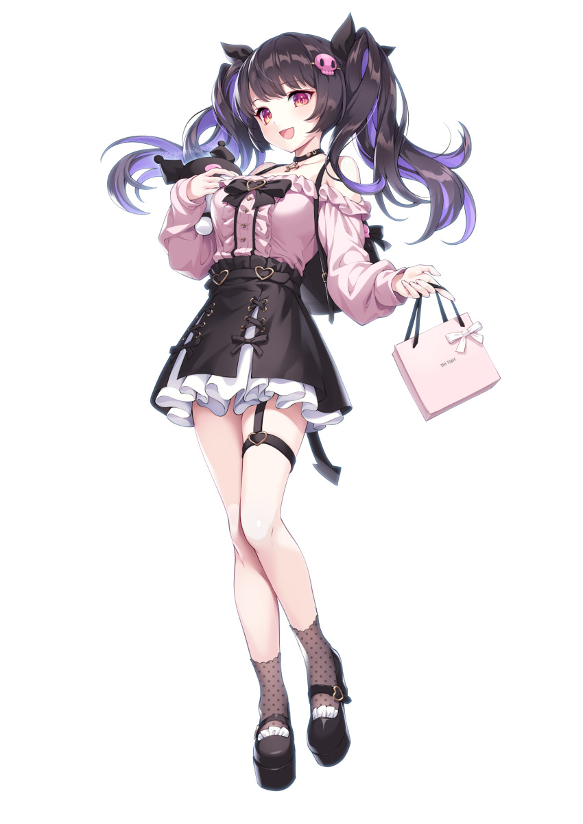1girl, :d, bag, bangs, black_bow, black_footwear, black_hair, black_ribbon